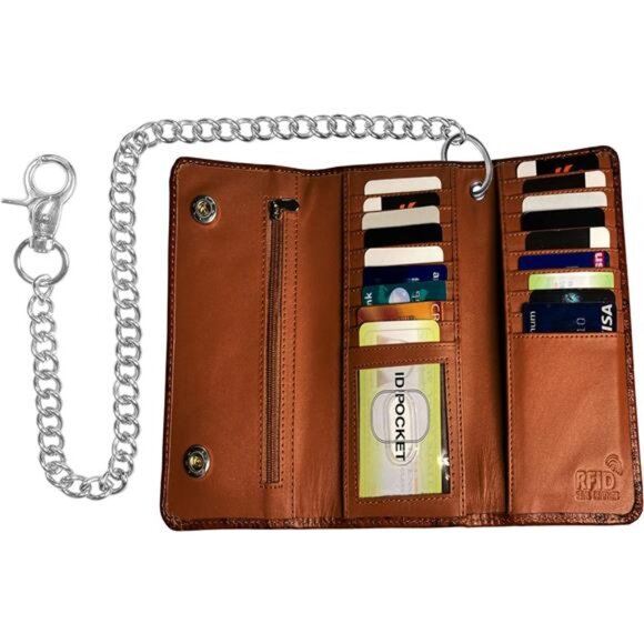 Motorcycle Chain Wallet for Men – 100% Natural Genuine Leather,Long Trifold RFID - Picture 2 of 8